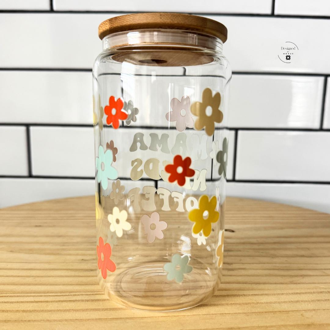 Retro Flower Design Coffee Cup Mama Needs Coffee Glass Tumbler Set Bamboo Lid Reusable Drinkware 16 Oz Capacity Four Glass Straws Orange Yellow Sage Green Cream Pattern Mothers Day Gift Mom Birthday Present Beaded Wristlet Keychain Eco