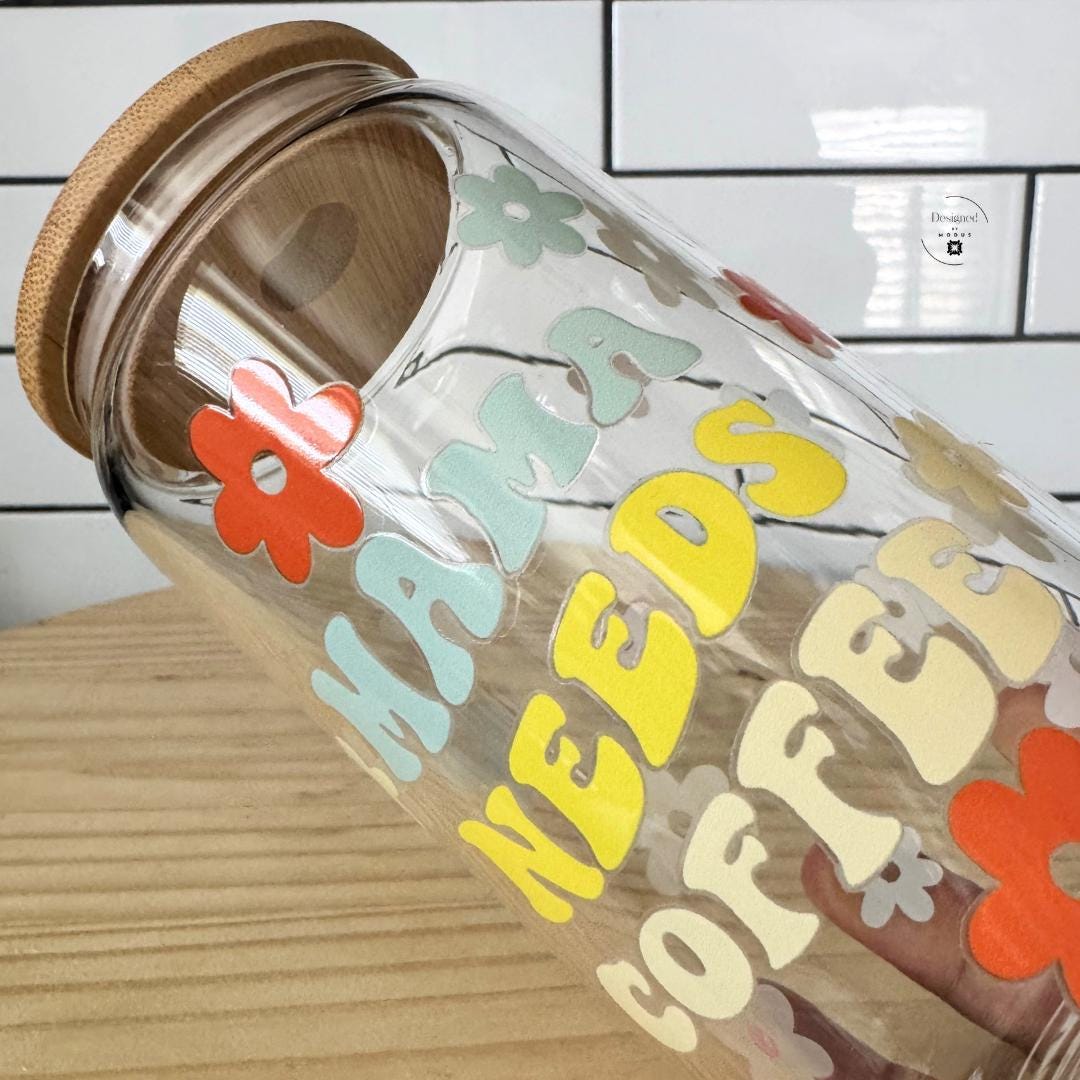 Retro Flower Design Coffee Cup Mama Needs Coffee Glass Tumbler Set Bamboo Lid Reusable Drinkware 16 Oz Capacity Four Glass Straws Orange Yellow Sage Green Cream Pattern Mothers Day Gift Mom Birthday Present Beaded Wristlet Keychain Eco
