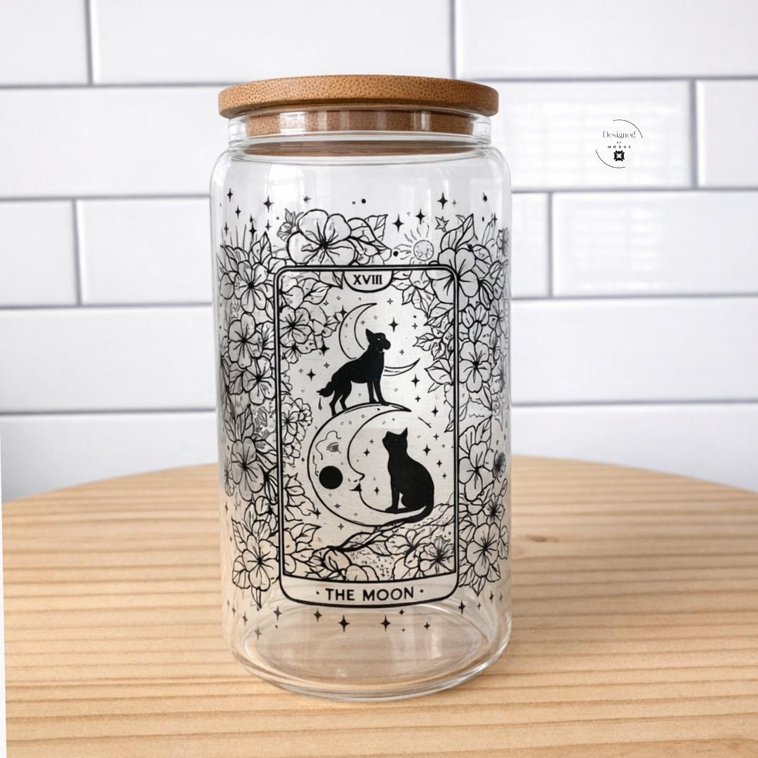 Witch Aesthetic Drinkware Cat Tarot Design Glass Tumbler Bamboo Lid Black Moon Sun Elements Celestial Theme Imagery Eco Friendly Gift Set Mother Day Present Reusable Glass Straws Included Silicone Beaded Wristlet Matching Poof Keychain
