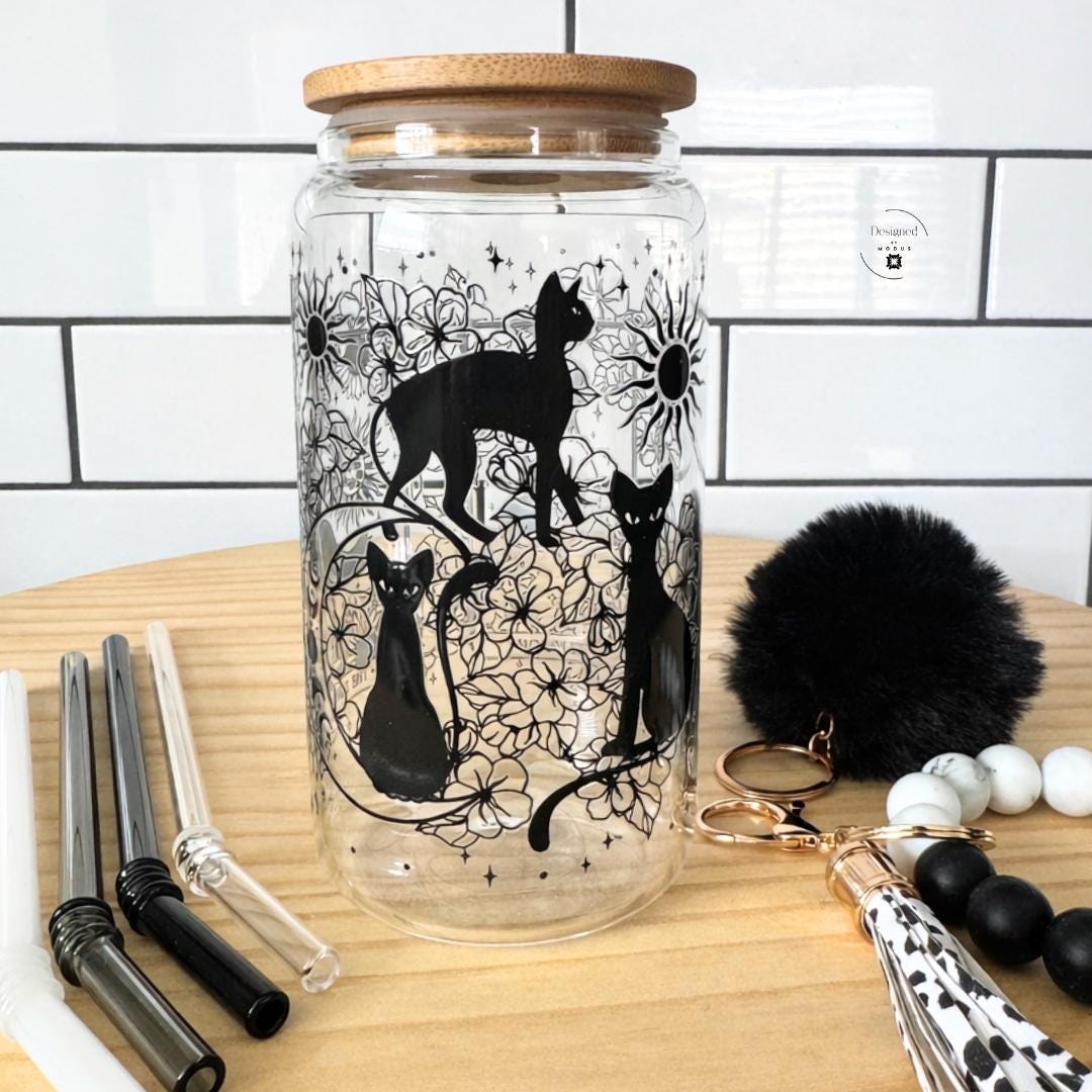 Complete Drinkware Set Glass Tumbler Bamboo Lid Cat Tarot Design Black Moon Sun Motif Celestial Elements Witch Aesthetic Style Four Glass Straws Included Silicone Beaded Wristlet Matching Poof Keychain Eco Friendly Materials Reusable
