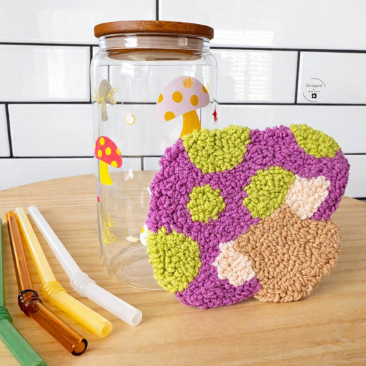 Complete Mushroom Tumbler Gift Set Glass Drinkware 16 Ounce Bamboo Lid Included Reusable Glass Straw Collection Crocheted Coaster Package Nature Inspired Pattern Design Perfect Teacher Appreciation Nurse Gift Mothers Day Present Cottagecore