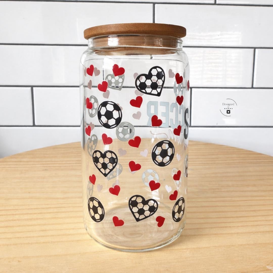 Reusable Drinking Container Soccer Mom Tumbler Glass Straw Cup Handmade Bamboo Lid Sports Parent Gift Sixteen Ounce Capacity Eco Friendly Alternative Four Glass Straws Silicone Wristlet Accessory Heart Keychain Charm Athletic Mother Present