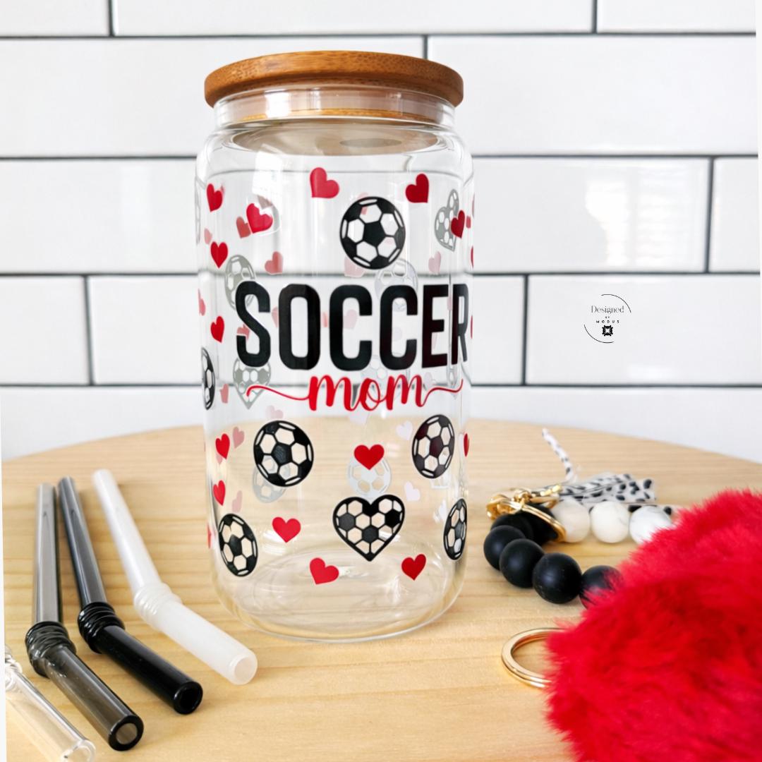 Soccer Mom Tumbler Glass Straw Cup Handmade Bamboo Lid Sixteen Ounce Drinkware Sports Parent Gift Four Glass Straws Included Reusable Drinking Container Silicone Wristlet Accessory Heart Poof Keychain Athletic Mother Present Team Event