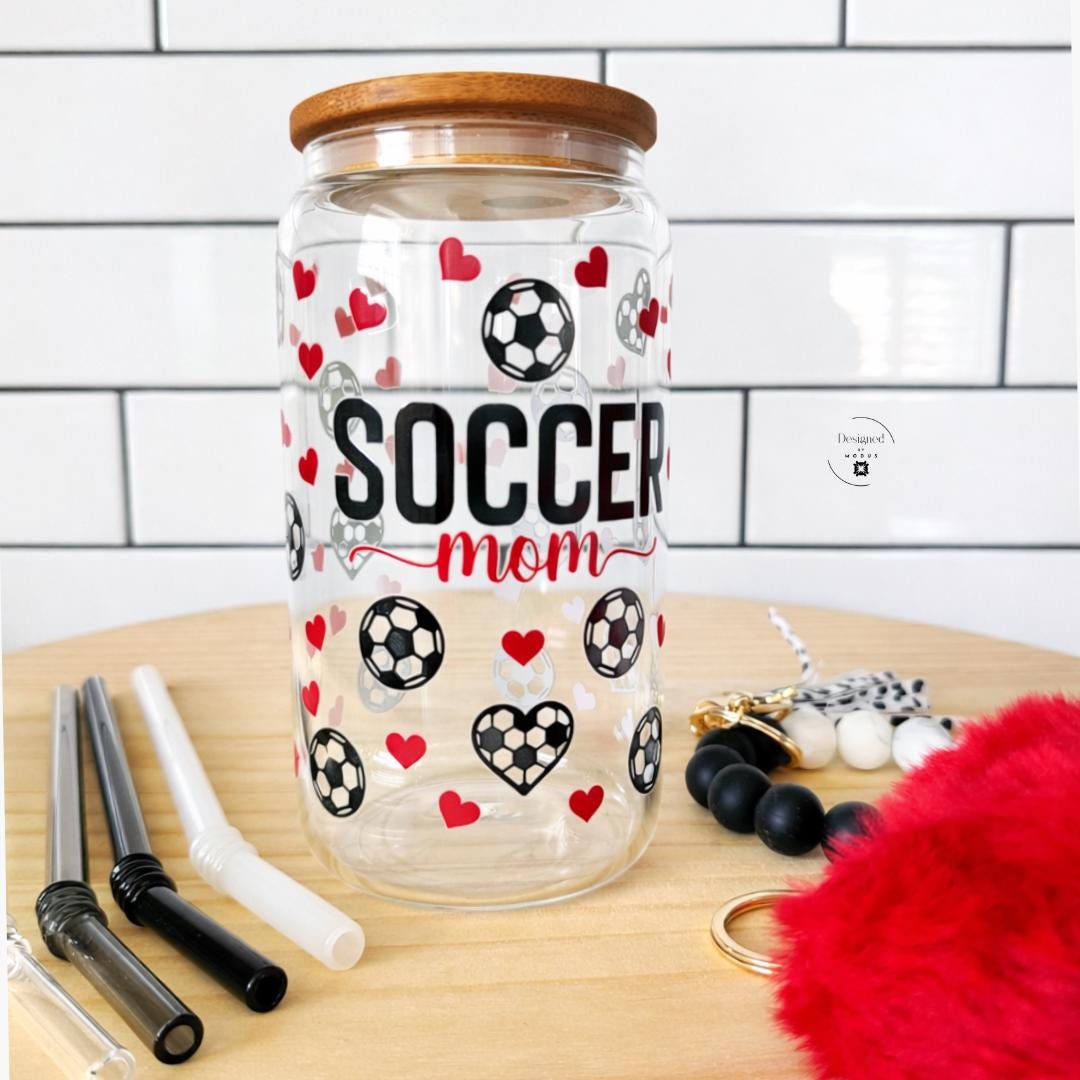 Soccer Mom Tumbler Glass Straw Cup Handmade Bamboo Lid Sixteen Ounce Drinkware Sports Parent Gift Four Glass Straws Included Reusable Drinking Container Silicone Wristlet Accessory Heart Poof Keychain Athletic Mother Present Team Event
