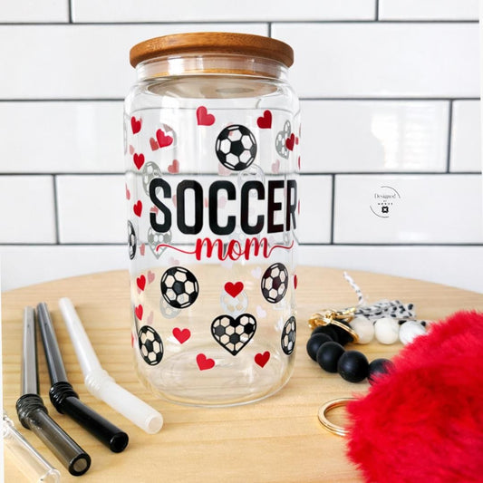 Soccer Mom Tumbler Glass Straw Cup Handmade Bamboo Lid Sixteen Ounce Drinkware Sports Parent Gift Four Glass Straws Included Reusable Drinking Container Silicone Wristlet Accessory Heart Poof Keychain Athletic Mother Present Team Event