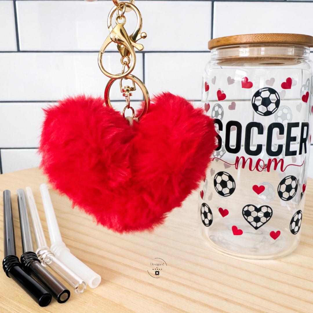 Athletic Mother Present Soccer Mom Tumbler Gift Glass Straw Cup Handmade Bamboo Lid Drinkware Sixteen Ounce Capacity Sports Parent Appreciation Four Glass Straws Included Silicone Wristlet Heart Keychain Reusable Container Birthday Mother