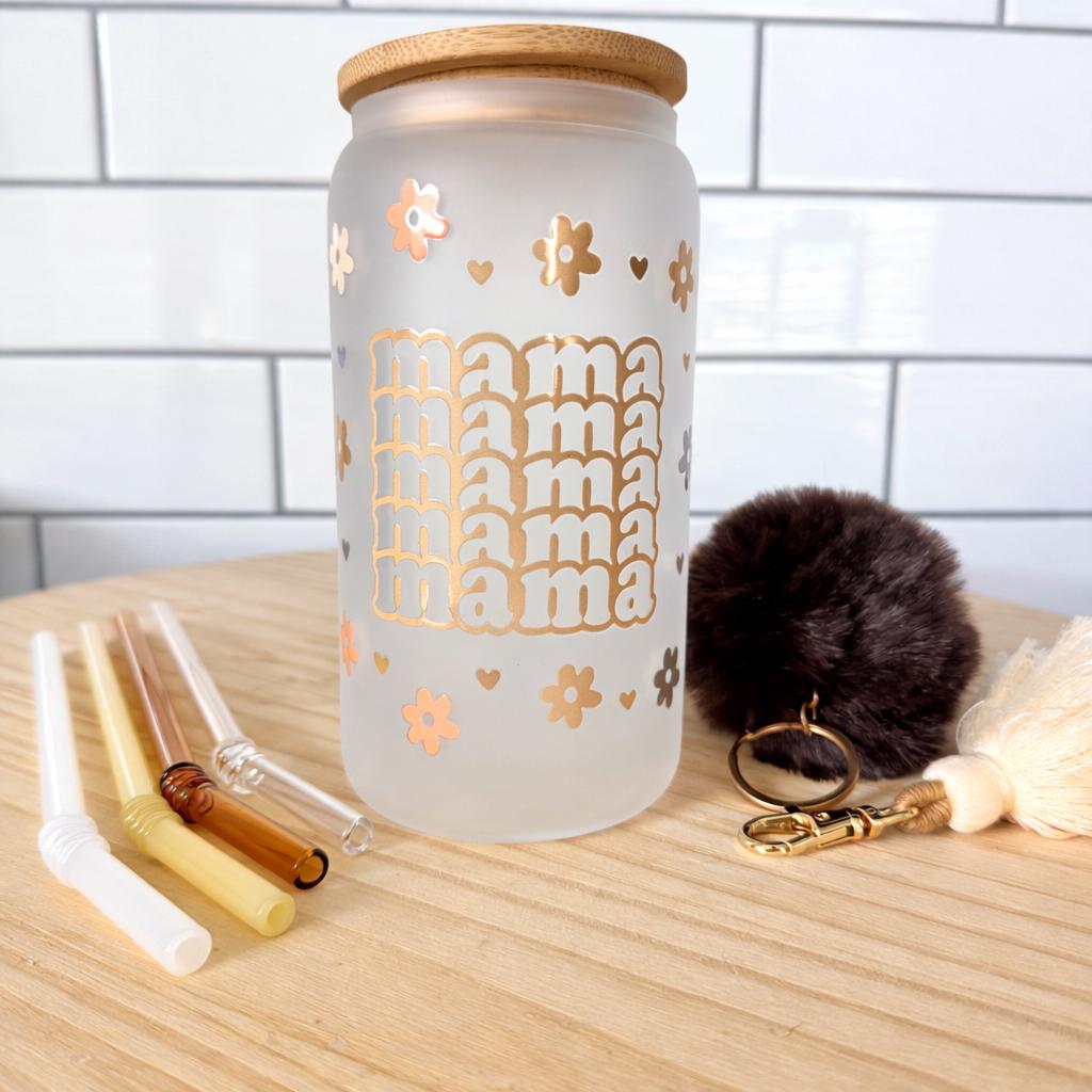 Frosted Glass Tumbler Mama Gold Text Design Heart Floral Pattern Elegant Mom Cup Mother Day Present Birthday Gift Idea Bamboo Lid Feature Silicone Seal Design Straw Access Point Sixteen Ounce Capacity Daily Drinking Container Complete Gift