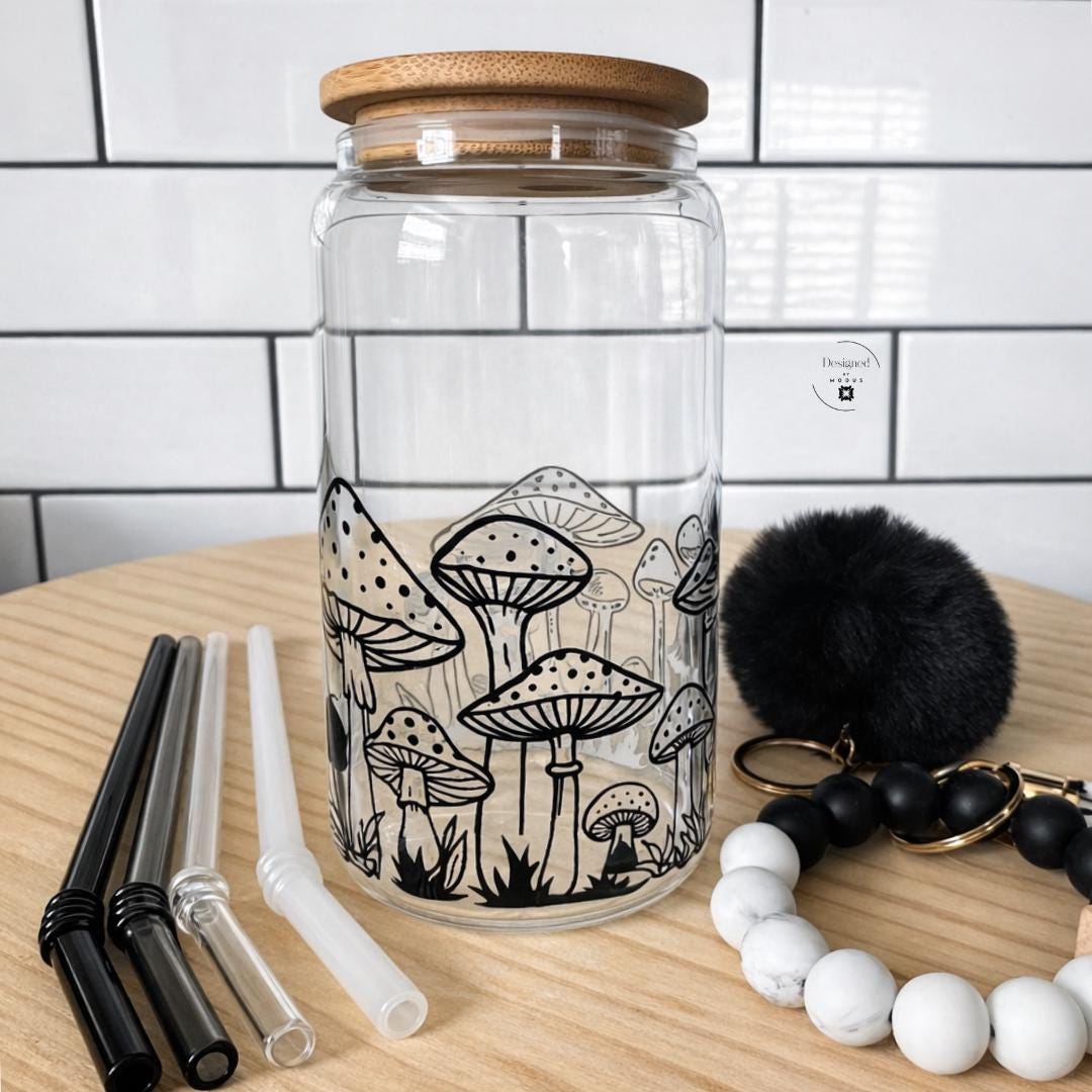 Black Mushroom Design Aesthetic Tumbler Glass Cup Collection Bamboo Lid Set Complete Drinking Accessories 16oz Capacity Reusable Container Eco Friendly Gift Bundle Glass Straw Set Silicone Keychain Wristlet Included Sustainable Lifestyle