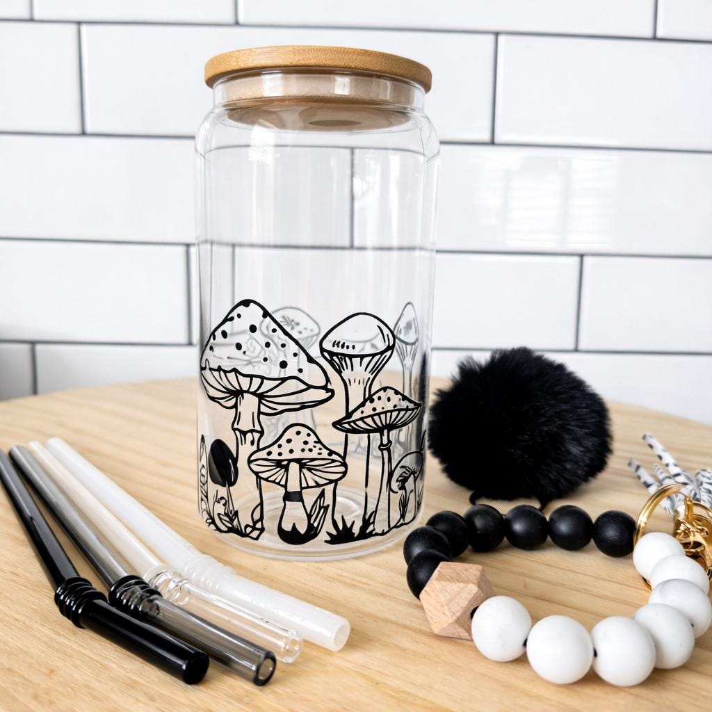 Complete Gift Set Glass Tumbler Collection Mushroom Aesthetic Design Black Pattern Bamboo Lid Cup Accessories 16oz Drinking Container Eco Friendly Reusable Bundle Glass Straw Set Silicone Keychain Wristlet Included Sustainable Drinkware
