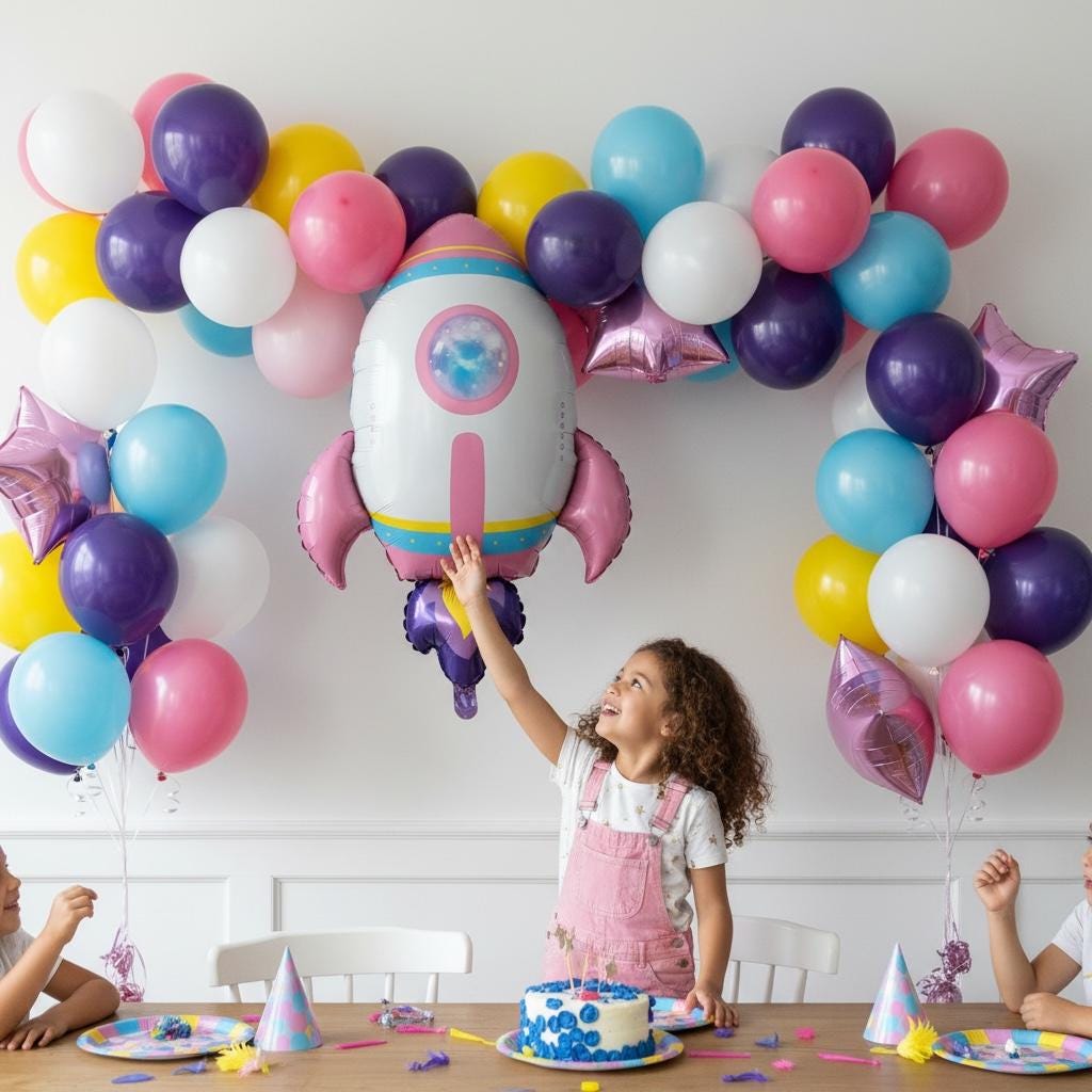 NASA Astronaut Party Supply Rocket Ship Balloon Space Theme Birthday Celebration Galaxy Spacecraft Mylar Foil Design 29 Inch Colorful Construction Pink Fins Blue Yellow Stripes Purple Flames STEM Education Science Event Kids Birthday Gift