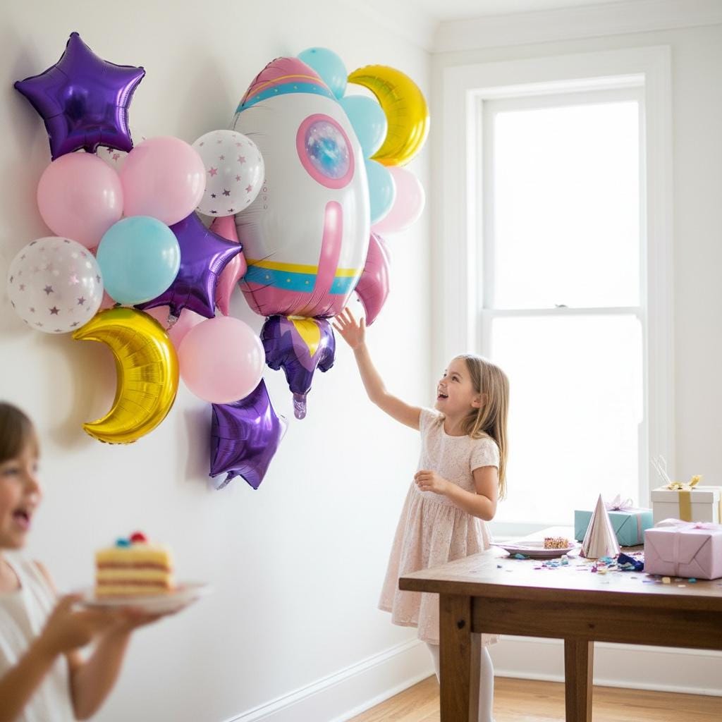 Outer Space Explorer Theme Rocket Ship Balloon NASA Astronaut Party Supply Space Theme Birthday Celebration STEM Education Science Event 29 Inch Mylar Foil Galaxy Spacecraft Design Pink Fins Blue Yellow Stripes Purple Flames Kids Birthday