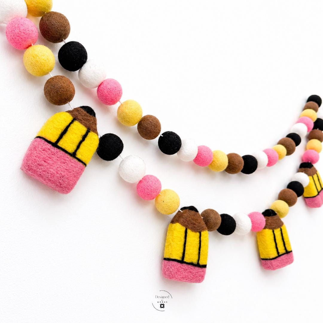 Educational Theme Felt Ball Garland Learning Space Display Classroom Wall Hanging Teacher Appreciation Gift Wool Felt Balls Pencil Decorations School Nursery Banner Office Accent Birthday Room Handmade Colorful Pink Yellow Brown Black White