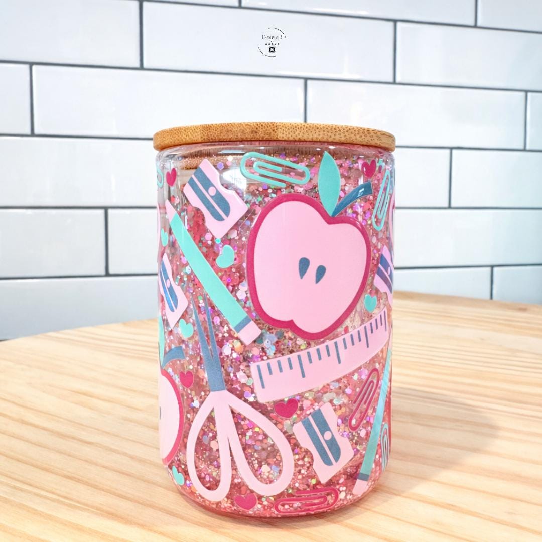 Classroom Desk Accessory Set Teacher Appreciation Bundle Collection Pink Glitter Tumbler Snow Globe Cup Seven Piece Gift Package Apple Container Jar Beaded Wristlet Pom Pom Keychain Tote Bag Notebook Pen School Supply Theme Educator Thank