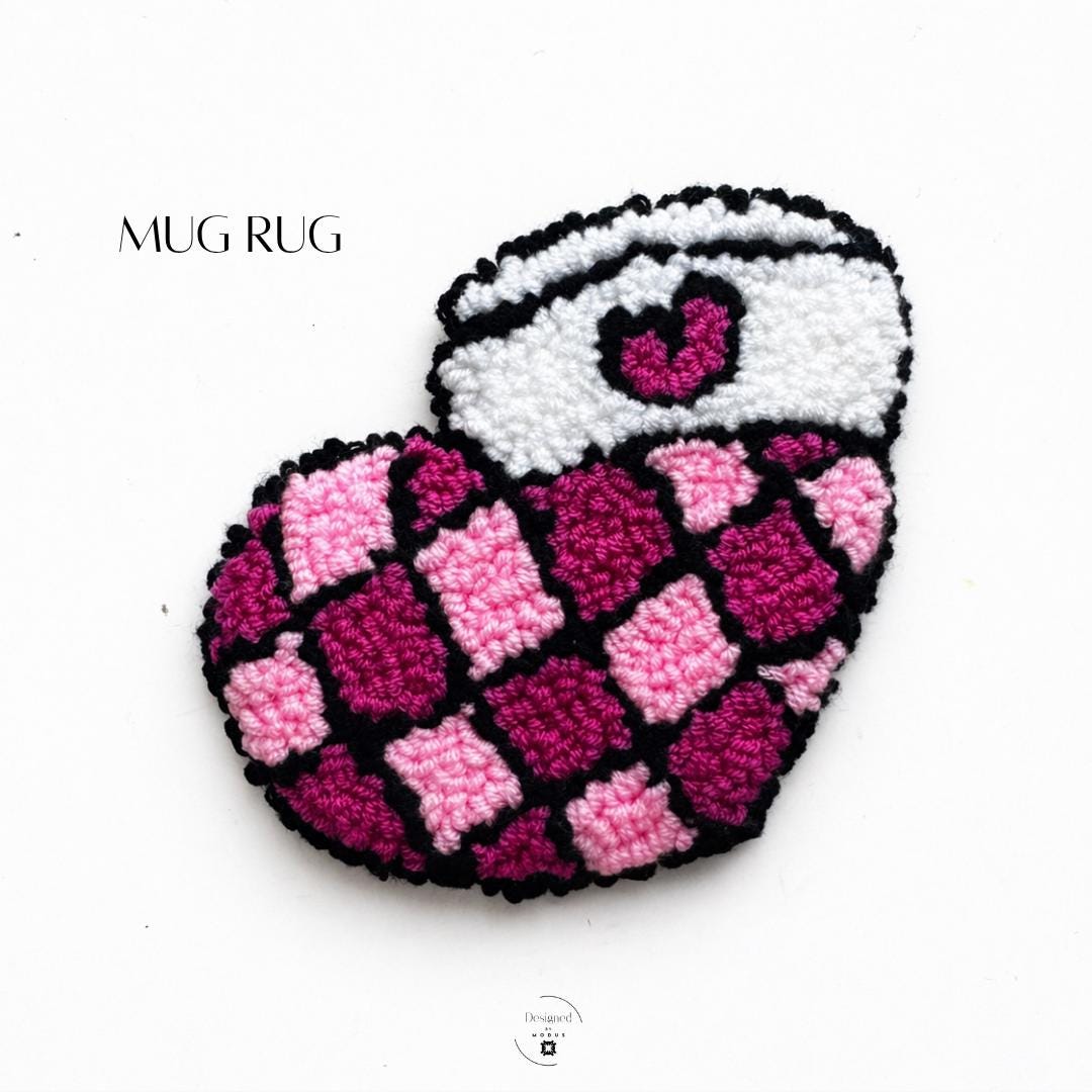 Mom Birthday Gift Coffee Cup Coaster Crocheted Mug Rug Pink Checkered Pattern Magenta Design White Cup Heart Detail Cotton Yarn Handmade Kitchen Table Protection Coffee Station Accessory Desk Organizer Perfect Coffee Enthusiast Present