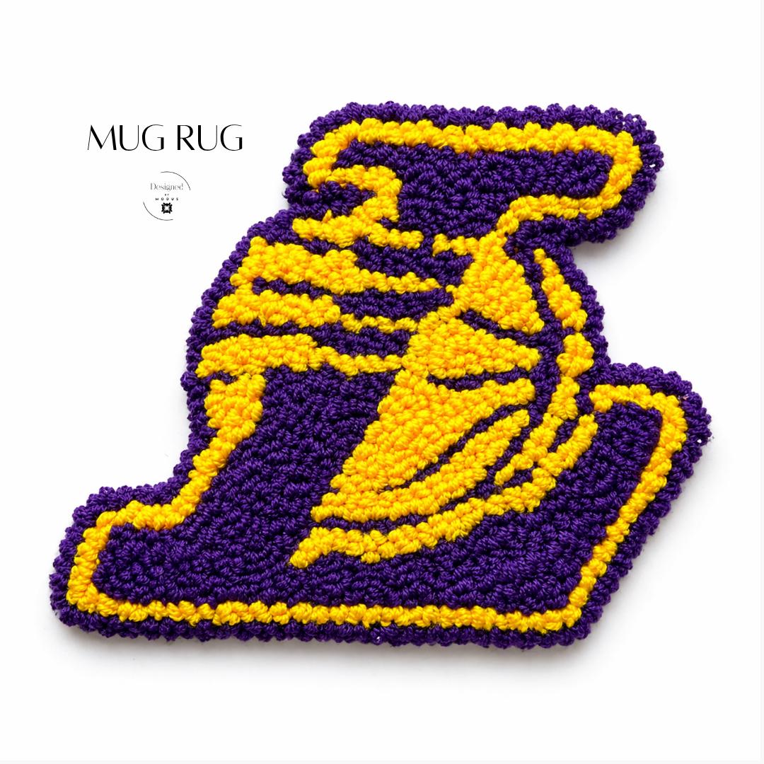 Basketball Fan Gift Purple Gold Team Color Handmade Mug Rug Cotton Yarn Crochet Coaster Textured Looped Pile Surface Coffee Table Drink Mat Protection Sports Theme Home Office Desk Accessory Perfect Present Basketball Shape Design Curved