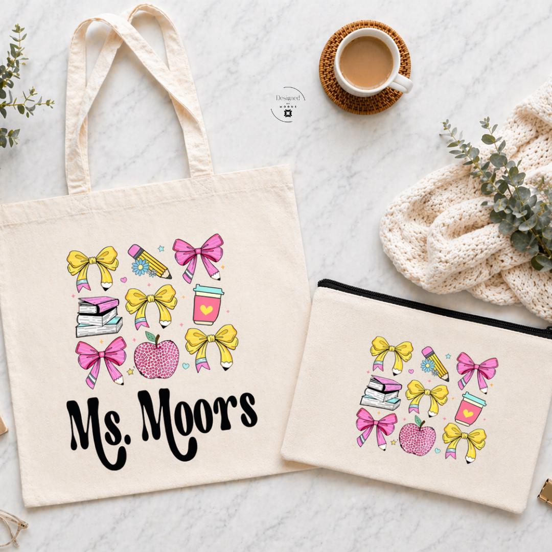 Personalized Teacher Gift Set Custom Name Canvas Tote Bag Zippered Pouch Educator Appreciation Present School Themed Design Books Pencils Apple Coffee Elements Matching Accessories Bundle Classroom Organization Essentials Professional