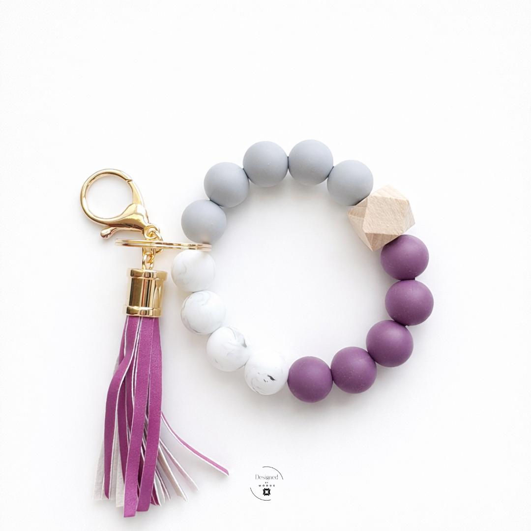 Silicone Marble Wooden Bead Wristlet Keychain Bracelet Women Everyday Accessory Handsfree Key Holder Wrist Strap Shopping Essential Faux Leather Tassel Charm Design Gold Keyring Clasp Attachment Stretch Fit Comfortable Wear Perfect Mom Gift