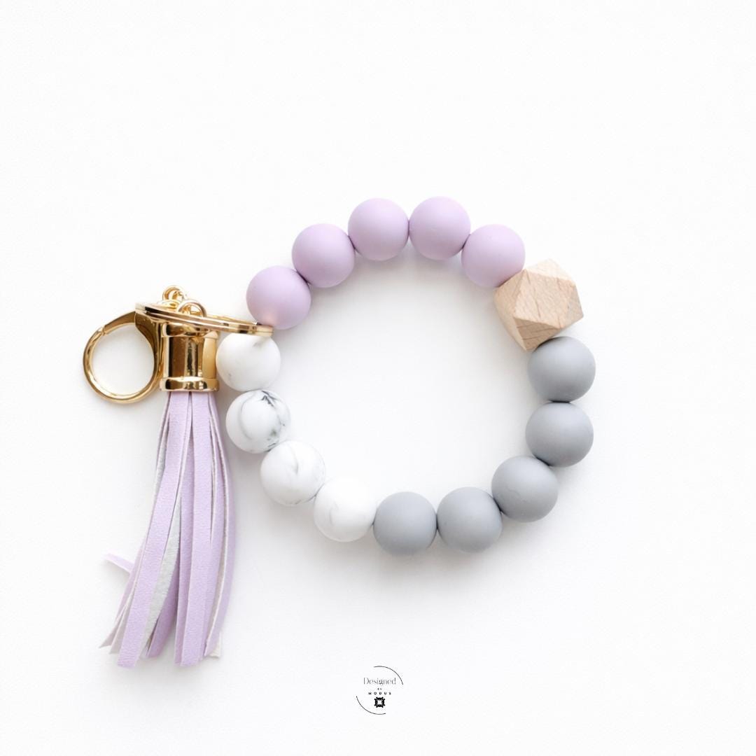 Handsfree Shopping Accessory Beaded Wristlet Keychain Women Everyday Carry Essential Key Holder Wrist Strap Bracelet Convenient Storage Solution Silicone Wooden Marble Bead Design Faux Leather Tassel Charm Gold Keyring Clasp Stretch Fit