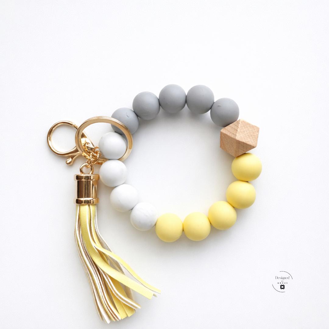 Silicone Marble Wooden Bead Wristlet Keychain Bracelet Women Everyday Accessory Handsfree Key Holder Wrist Strap Shopping Essential Faux Leather Tassel Charm Design Gold Keyring Clasp Attachment Stretch Fit Comfortable Wear Perfect Mom Gift
