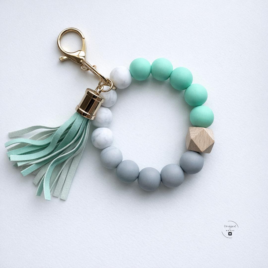 Everyday Carry Essential Beaded Wristlet Keychain Bracelet Key Holder Wrist Strap Women Handsfree Shopping Accessory Functional Fashion Jewelry Silicone Wooden Marble Bead Design Faux Leather Tassel Charm Gold Keyring Clasp Stretch Fit