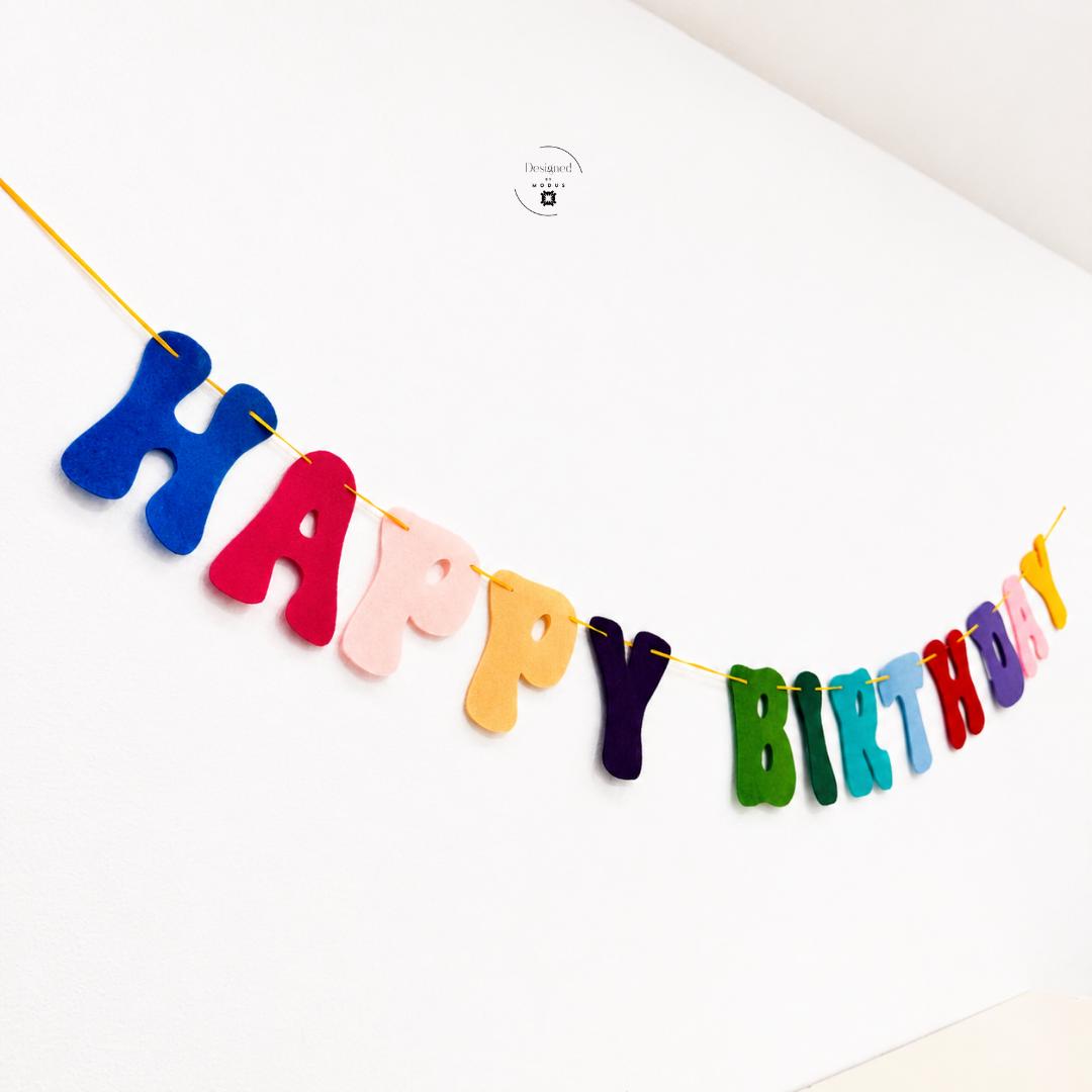 Rainbow Garland Happy Birthday Felt Banner Reusable Party Nursery Wall Kids Room First Celebration Toddler Backdrop Festive Bright Colorful Letters 6 Inch Tall 5 Feet Long Blue Pink Orange Purple Green Teal Red String Cord Party Display