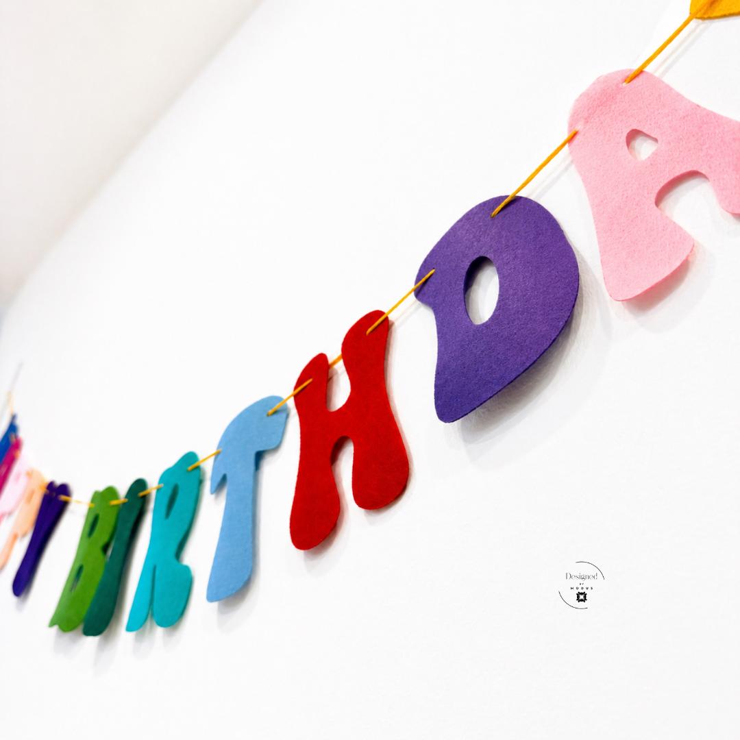 Felt Birthday Banner Reusable Party Rainbow Garland Happy Birthday Letters 6 Inch Tall Letters 5 Feet Long Kids Room Nursery Wall First Birthday Celebration Toddler Party Backdrop Festive Bright Colorful Display Blue Pink Orange Purple