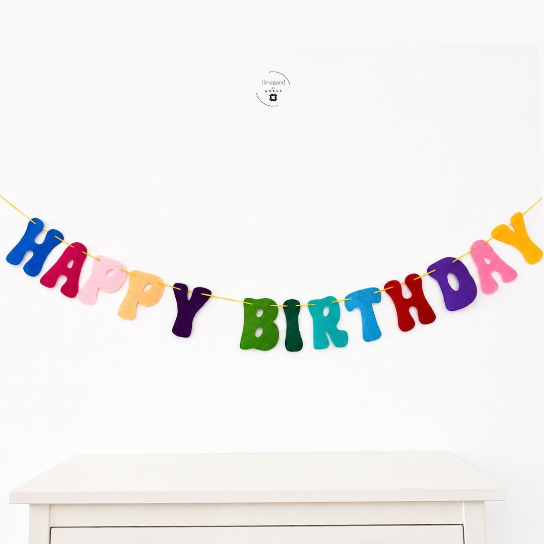 Felt Birthday Banner Reusable Party Rainbow Garland Happy Birthday Letters 6 Inch Tall Letters 5 Feet Long Kids Room Nursery Wall First Birthday Celebration Toddler Party Backdrop Festive Bright Colorful Display Blue Pink Orange Purple