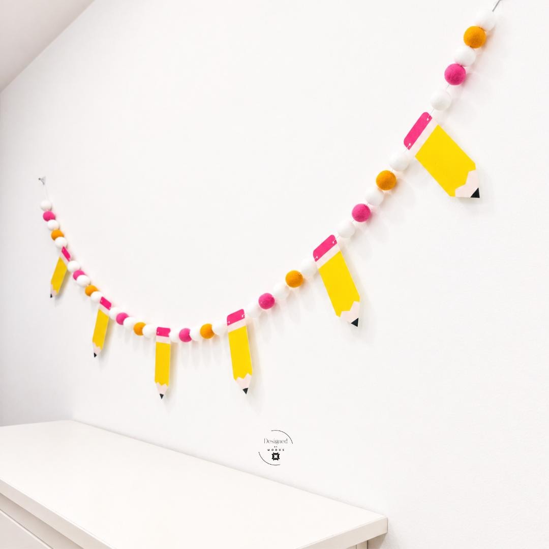Party Banner Pencil Themed Garland Classroom Bunting Back School Decoration Teacher Appreciation Essential Six Foot Long Educational Wall Hanging Yellow Pencils Pink Erasers Colorful Pom Poms Orange White Display Perfect Gift Teachers