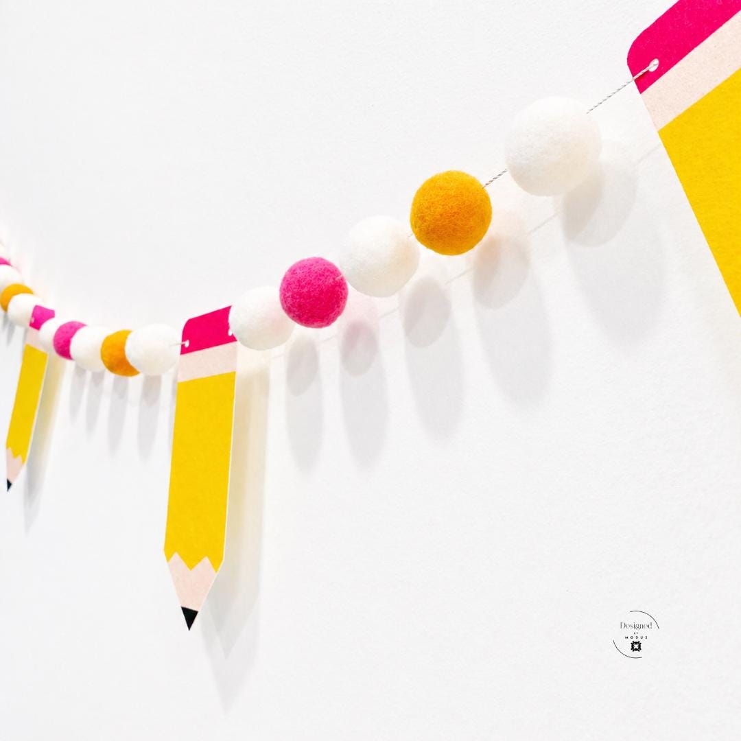 Pencil Garland Classroom Decoration Back School Essential Yellow Pencils Pink Erasers Colorful Pom Poms Orange White Accents Six Foot Long Bunting Teacher Appreciation Gift Party Banner Educational Wall Hanging Display Homeschool Room