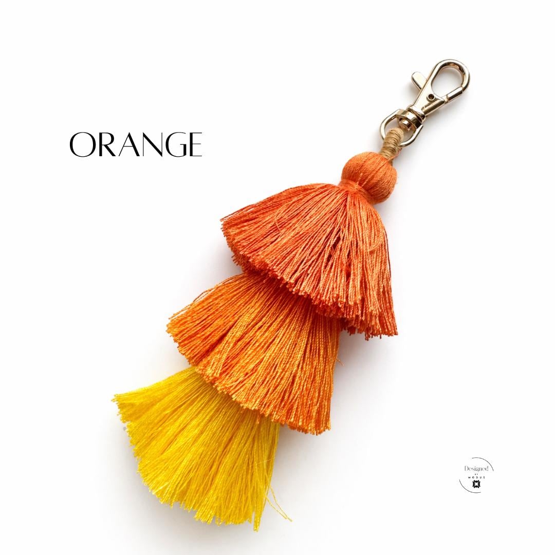 Backpack Zipper Pull Cotton Tassel Keychain Bag Charm Purse Accessory Three Tier Design Five Inch Length Gold Clasp Women Gift Essential Birthday Stocking Stuffer Teacher Appreciation Tote Accent Planner Charm Colorful Options Orange Yellow
