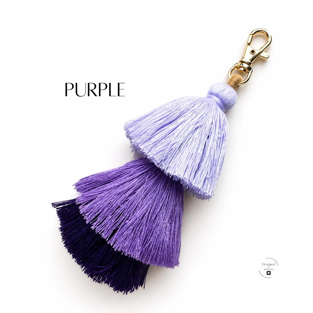 Women Gift Birthday Stocking Stuffer Cotton Tassel Keychain Bag Charm Purse Accessory Backpack Zipper Pull Teacher Appreciation Tote Accent Three Tier Design Gold Clasp Five Inch Length Colorful Collection Orange Yellow Neutral Teal Green