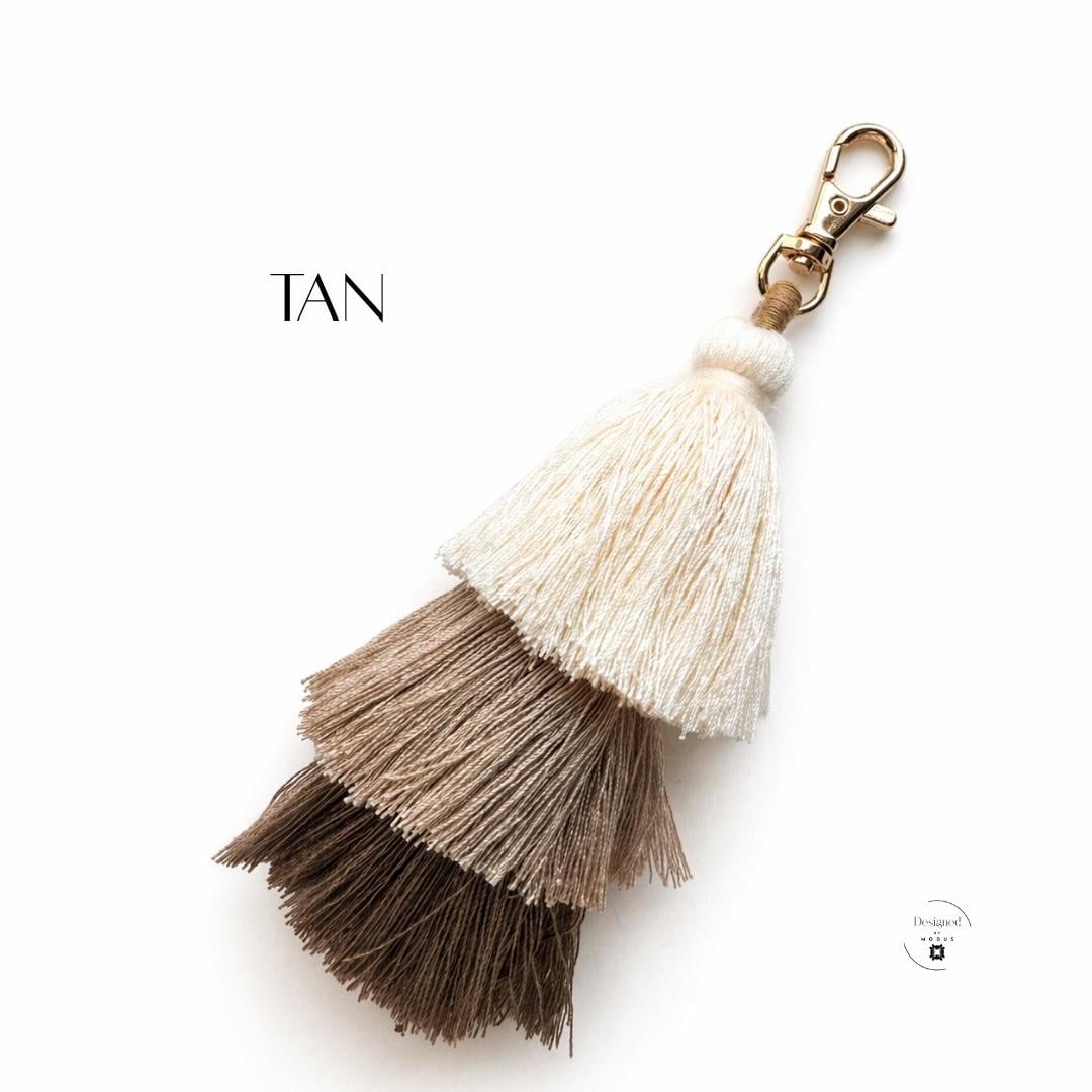 Women Gift Birthday Stocking Stuffer Cotton Tassel Keychain Bag Charm Purse Accessory Backpack Zipper Pull Teacher Appreciation Tote Accent Three Tier Design Gold Clasp Five Inch Length Colorful Collection Orange Yellow Neutral Teal Green