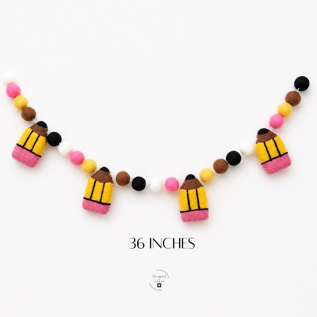 Felt Ball Garland Teacher Appreciation Classroom Wall Hanging Educational Theme Wool Felt Balls Pencil Decorations School Nursery Banner Office Display Learning Space Accent Colorful Handmade Gift Idea Birthday Room Pink Yellow Brown Black