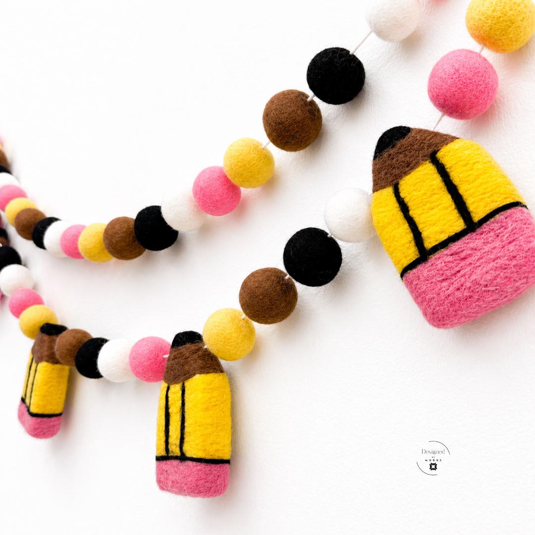 Wool Felt Ball Garland Handmade Teacher Gift Appreciation Classroom Wall Hanging School Education Theme Nursery Banner Pencil Decorations Office Accent Learning Space Display Birthday Room Colorful Pink Yellow Brown Black White Educational