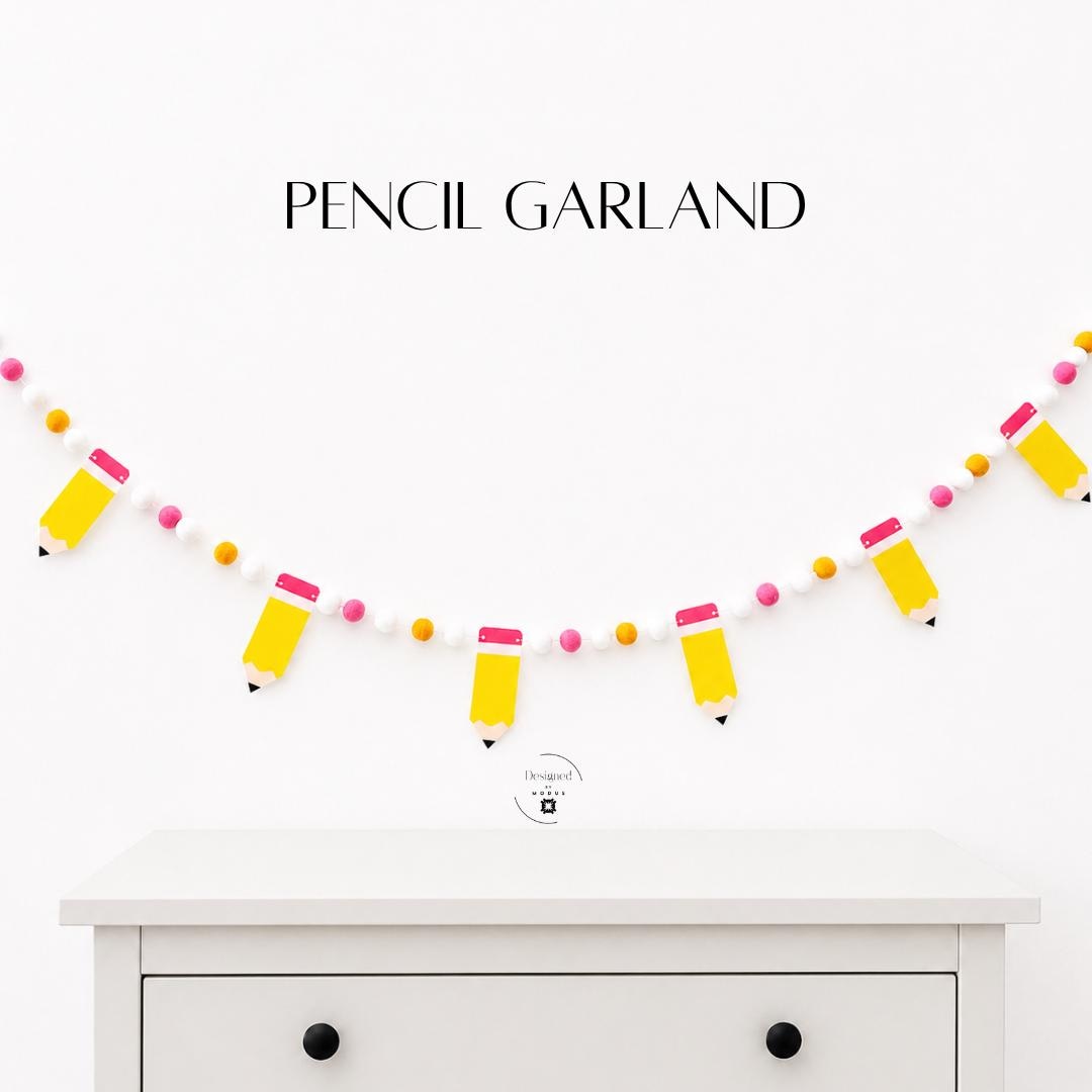 Pencil Garland Classroom Decoration Back School Essential Yellow Pencils Pink Erasers Colorful Pom Poms Orange White Accents Six Foot Long Bunting Teacher Appreciation Gift Party Banner Educational Wall Hanging Display Homeschool Room