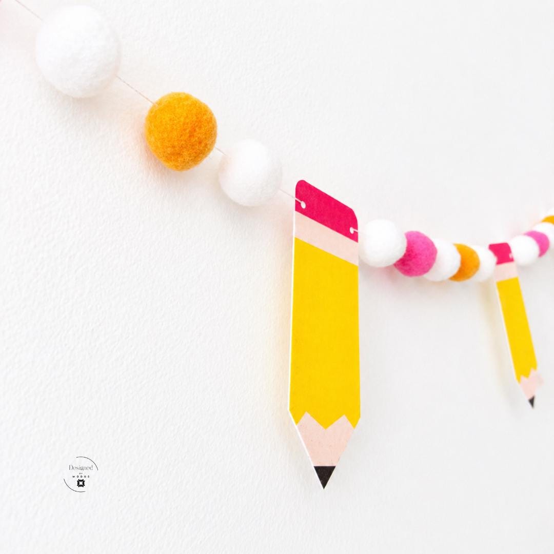 Educational Wall Hanging Pencil Garland Classroom Bunting Back School Decoration Six Foot Long Party Banner Teacher Appreciation Gift Yellow Pencils Pink Erasers Colorful Pom Poms Perfect Learning Space Display Homeschool Room Essential