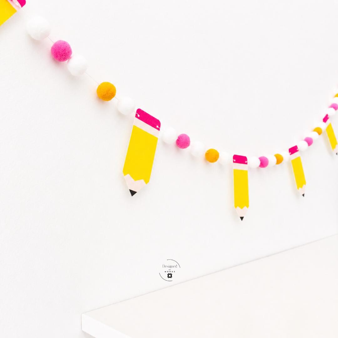Pencil Themed Bunting Garland Six Foot Long Classroom Decoration Back School Party Banner Yellow Pencils Pink Erasers Colorful Pom Poms Educational Wall Hanging Teacher Appreciation Gift Perfect Display Homeschool Room Beautiful Learning