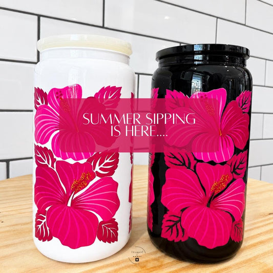 Glass Tumbler With Straw And Lid Perfect Birthday Gift For Women Mom Present Sixteen Ounce Drinking Cup Hot Pink Hibiscus Flower Design Tropical Beach Style Summer Beverage Holder Clear Glass Straw Included Push On Lid Cold Drink Container