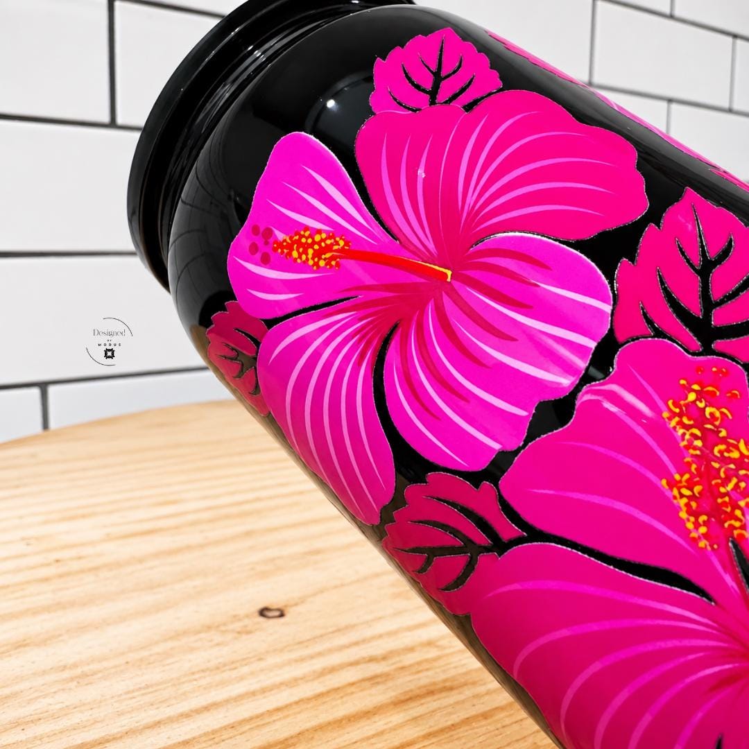 Glass Tumbler With Straw And Lid Perfect Birthday Gift For Women Mom Present Sixteen Ounce Drinking Cup Hot Pink Hibiscus Flower Design Tropical Beach Style Summer Beverage Holder Clear Glass Straw Included Push On Lid Cold Drink Container