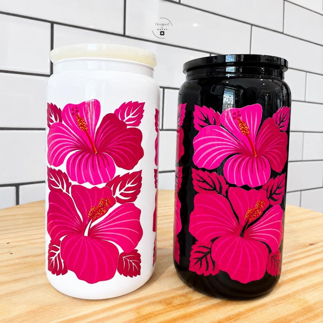 Sixteen Ounce Glass Tumbler With Clear Straw And Push On Lid Hot Pink Hibiscus Flower UVDTF Design Cold Beverage Container Summer Drinkware Collection Perfect Birthday Gift For Mom Women Present Tropical Style Drinking Cup Daily Hydration