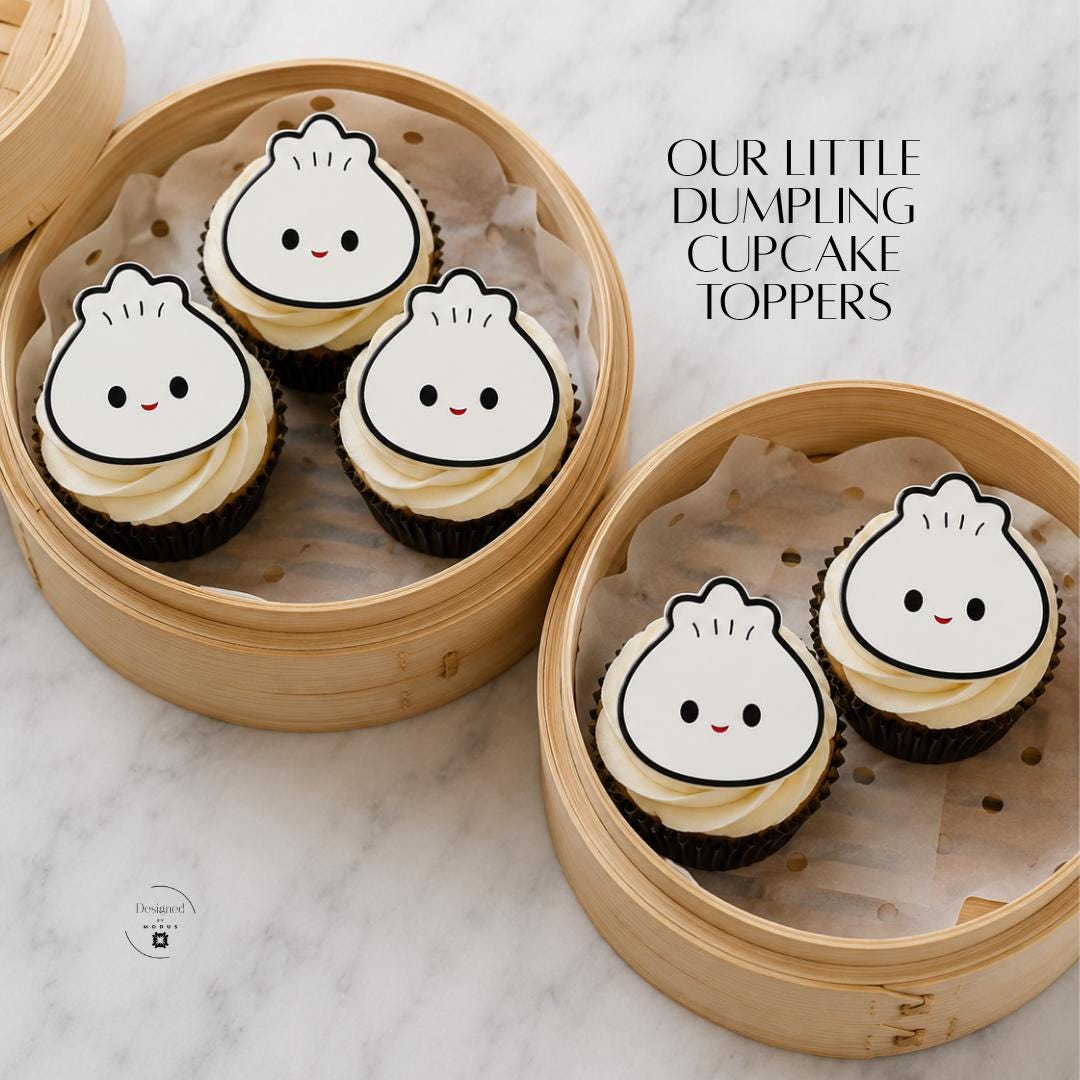 Kawaii Cupcake Topper Set Dumpling Character Design First Birthday Cake Supply Party Favor Guest Keepsake Reusable Acrylic Collection Celebration Baking Accent Asian Themed Party Supplies White Background Black Outline Red Smile Cute