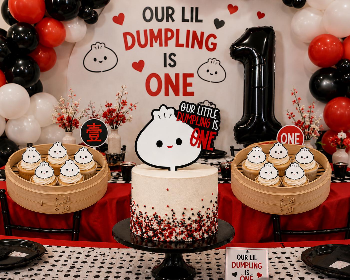 Asian Themed Party Supplies Kawaii Cupcake Topper Collection Dumpling Character Design Celebration Baking Accent First Birthday Cake Supply Party Favor Guest Keepsake Reusable Acrylic Set White Background Black Outline Red Smile Cute