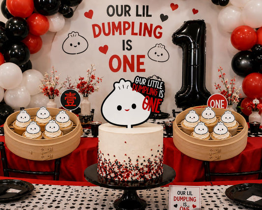 Asian Themed Party Supplies Kawaii Cupcake Topper Collection Dumpling Character Design Celebration Baking Accent First Birthday Cake Supply Party Favor Guest Keepsake Reusable Acrylic Set White Background Black Outline Red Smile Cute