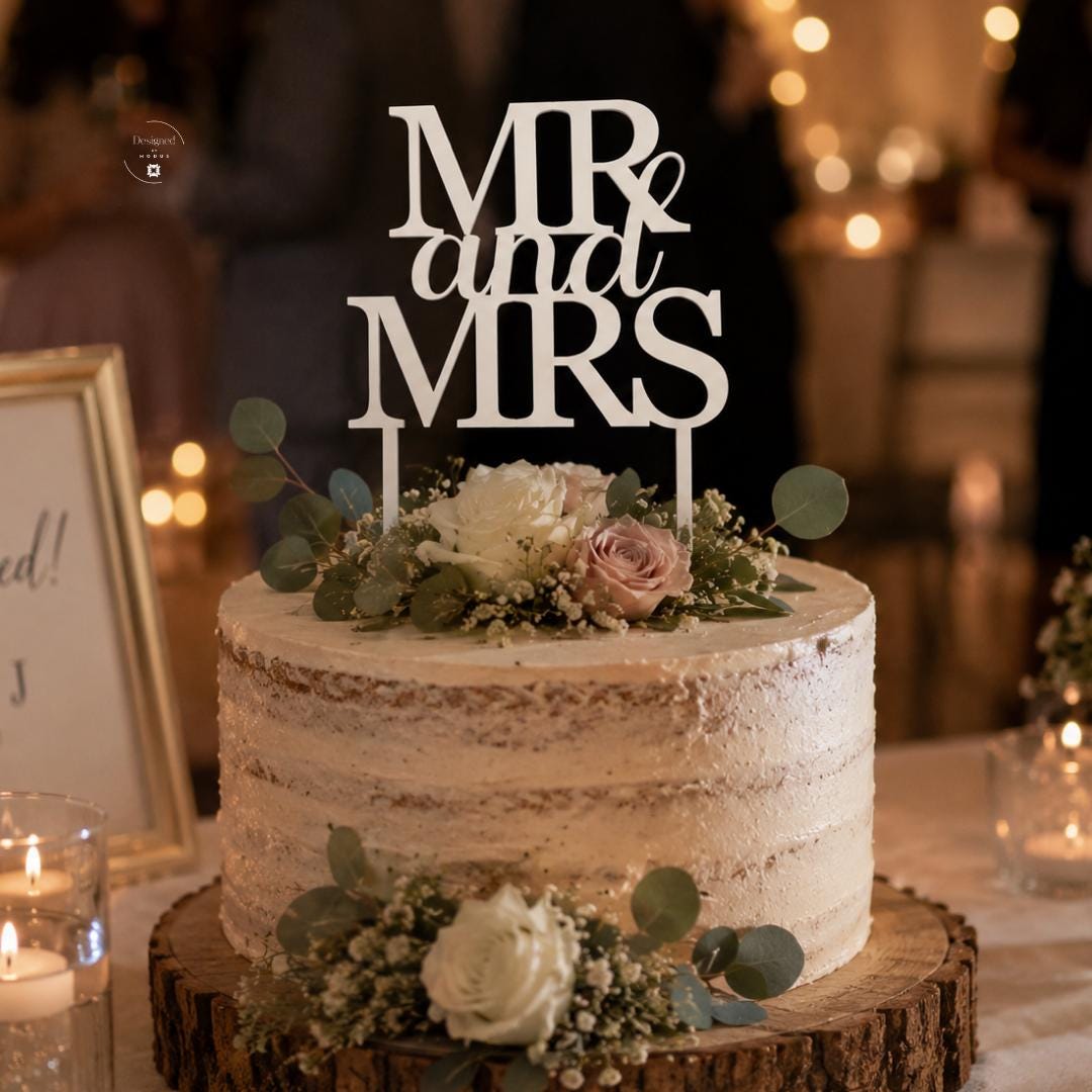 Wedding Cake Topper Mr Mrs Acrylic Sign Bride Groom Reception Centerpiece Table Display Cursive Script Lettering Heart Design Detail Ceremony Ornament Romantic Couple Marriage Celebration Engagement Party Black White Options Premium Quality