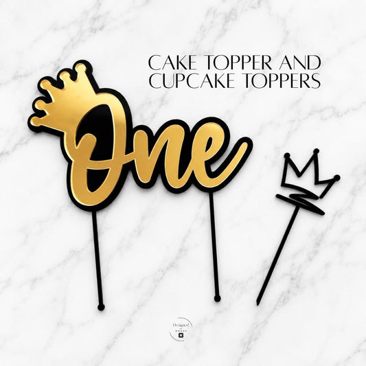 First Birthday Cake Topper Set Gold Acrylic Crown Design One Year Celebration Party Supply Baby Milestone Smash Cake Photo Prop Cupcake Decoration Collection Includes Large Topper Twelve Small Picks Perfect Party Essential Beautiful