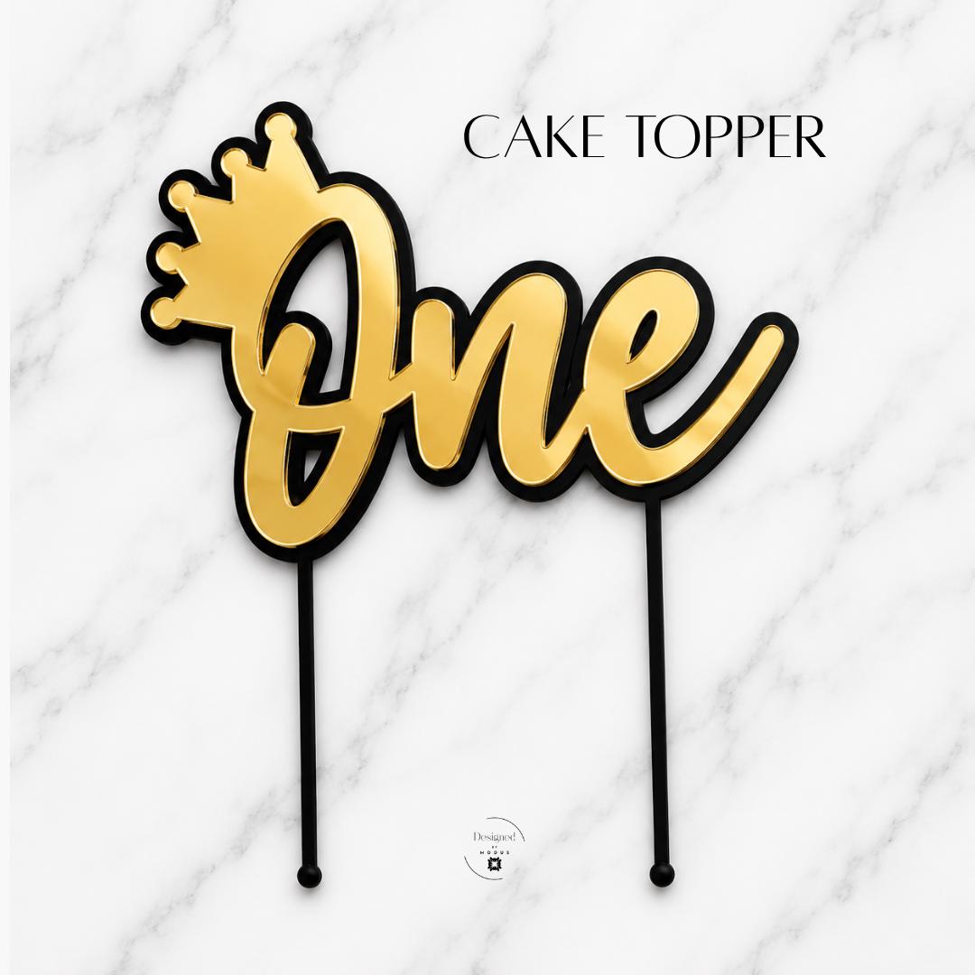 One Year Celebration Party Supply First Birthday Cake Topper Set Gold Acrylic Crown Design Baby Smash Cake Photo Prop Cupcake Decoration Collection Beautiful Milestone Party Essential Includes Large Topper Twelve Cupcake Picks Perfect