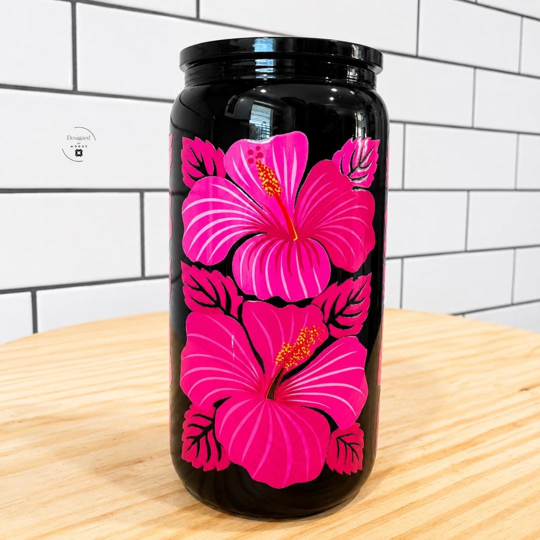 Summer Style Glass Tumbler Sixteen Ounce Capacity With Straw And Lid Hot Pink Hibiscus Flower Tropical Design Perfect Birthday Present For Women Mom Gift Cold Beverage Drinking Cup Clear Glass Straw Push On Lid Beach Aesthetic Daily