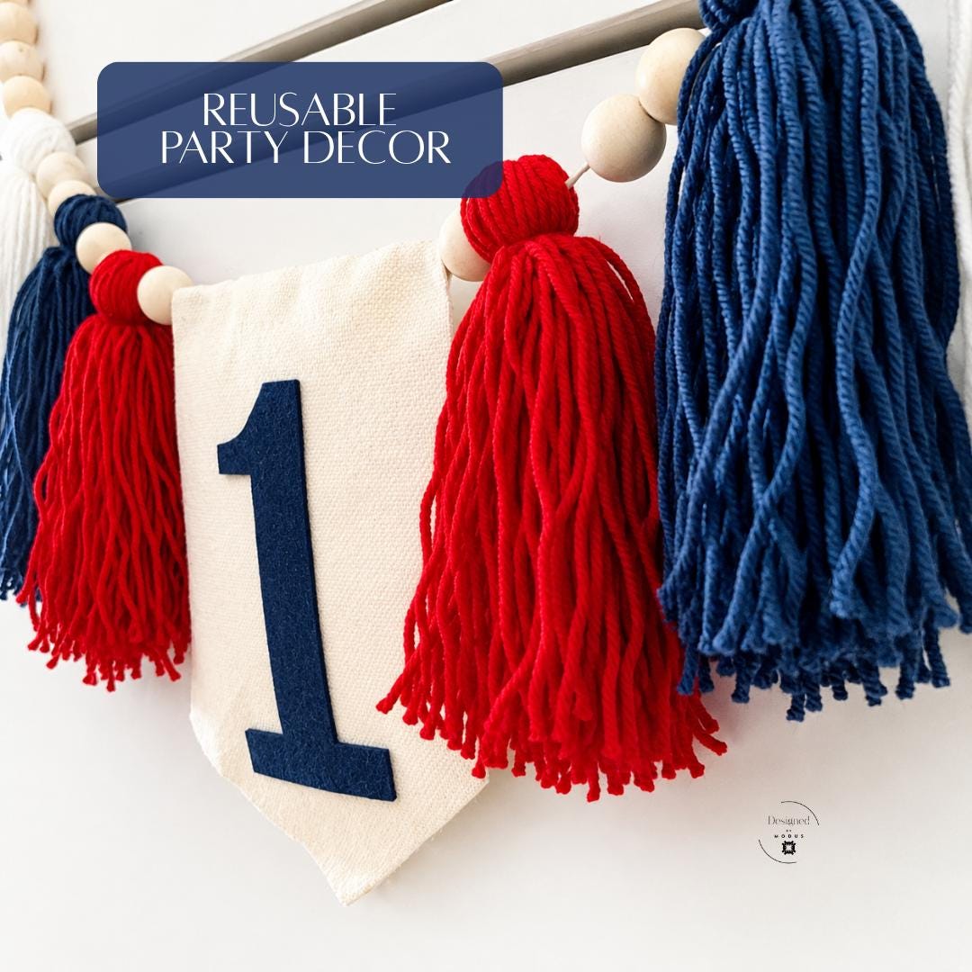 High Chair Banner First Birthday July Celebration One Year Birthday Party Patriotic Theme Red White Blue Birthday Cake Smash Photo Backdrop