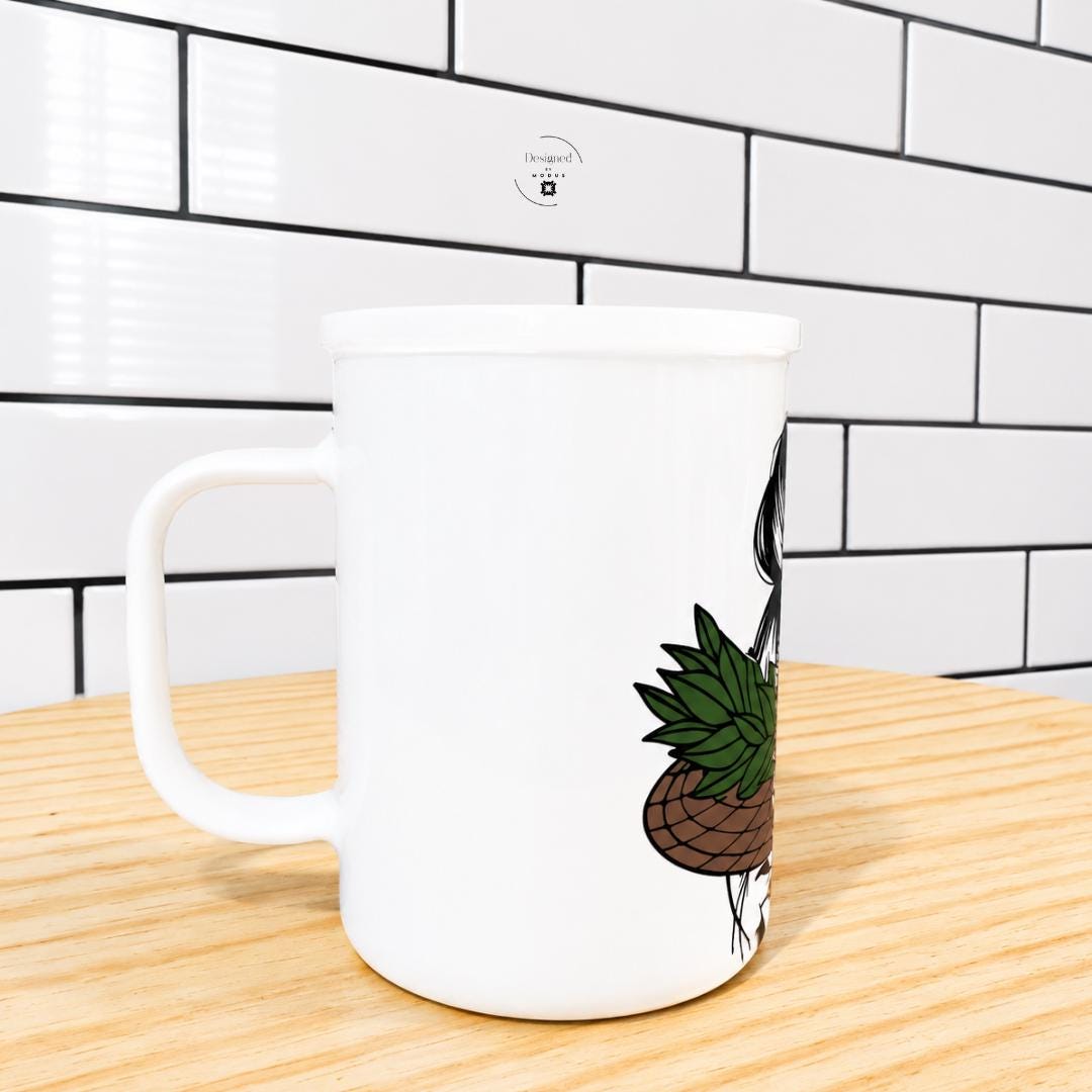Hawaiian Style Gift Tropical Coffee Mug Woman Ceramic Cup Kitchen Accessory Tahitian Design Island Theme Banana Leaf Botanical Artwork Crown Pattern Messy Bun Beach House Beverage Drinkware Aloha Lifestyle Daily Coffee Essential Feminine