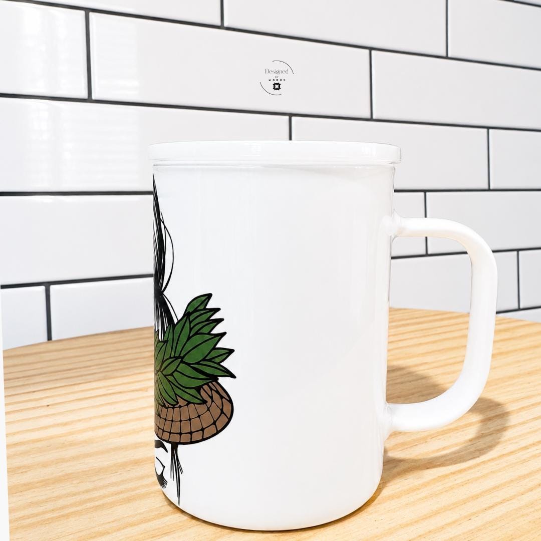 Ceramic Cup Kitchen Accessory Tropical Coffee Mug Woman Gift Island Theme Tahitian Design Botanical Artwork Banana Leaf Pattern Hawaiian Style Drinkware Beach House Beverage Essential Aloha Lifestyle Morning Coffee Daily Use Messy Bun Crown